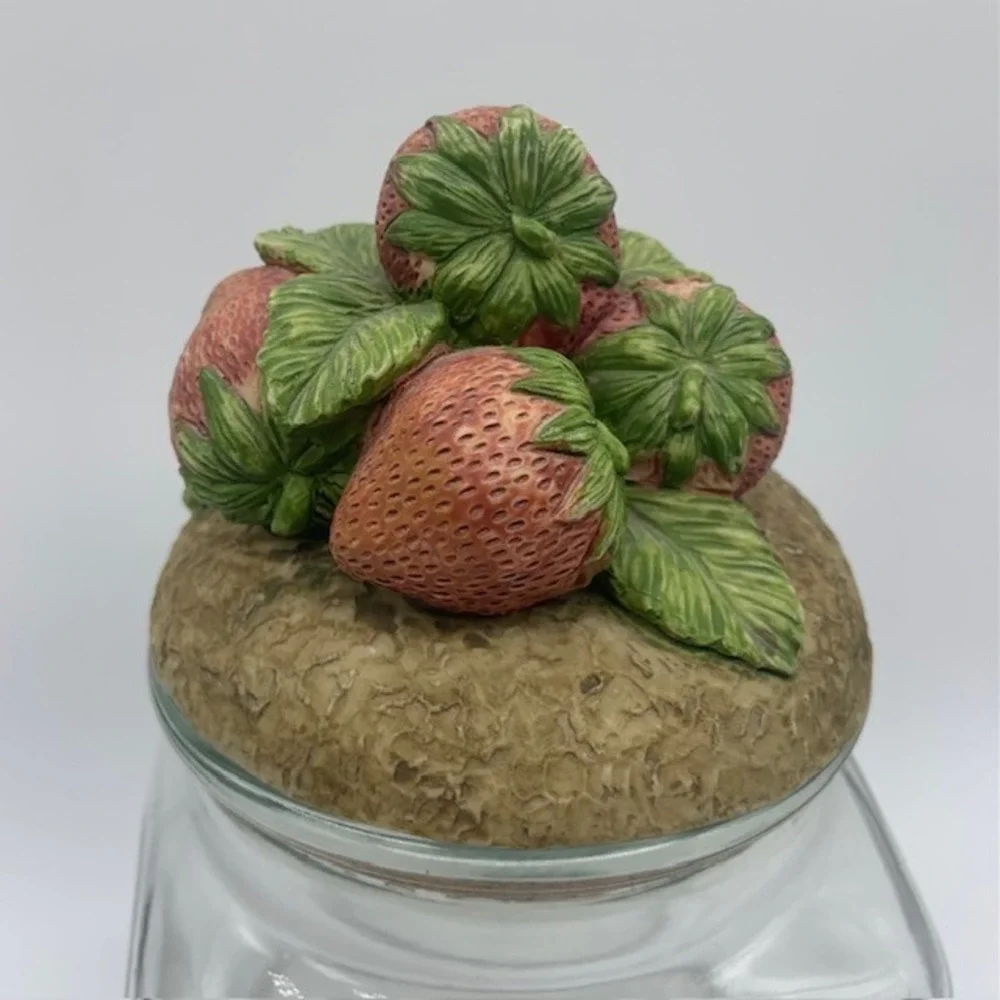 Strawberry Glass Canister Cottagecore Kitchen Storage Jar Ceramic Fruit Lid Cork